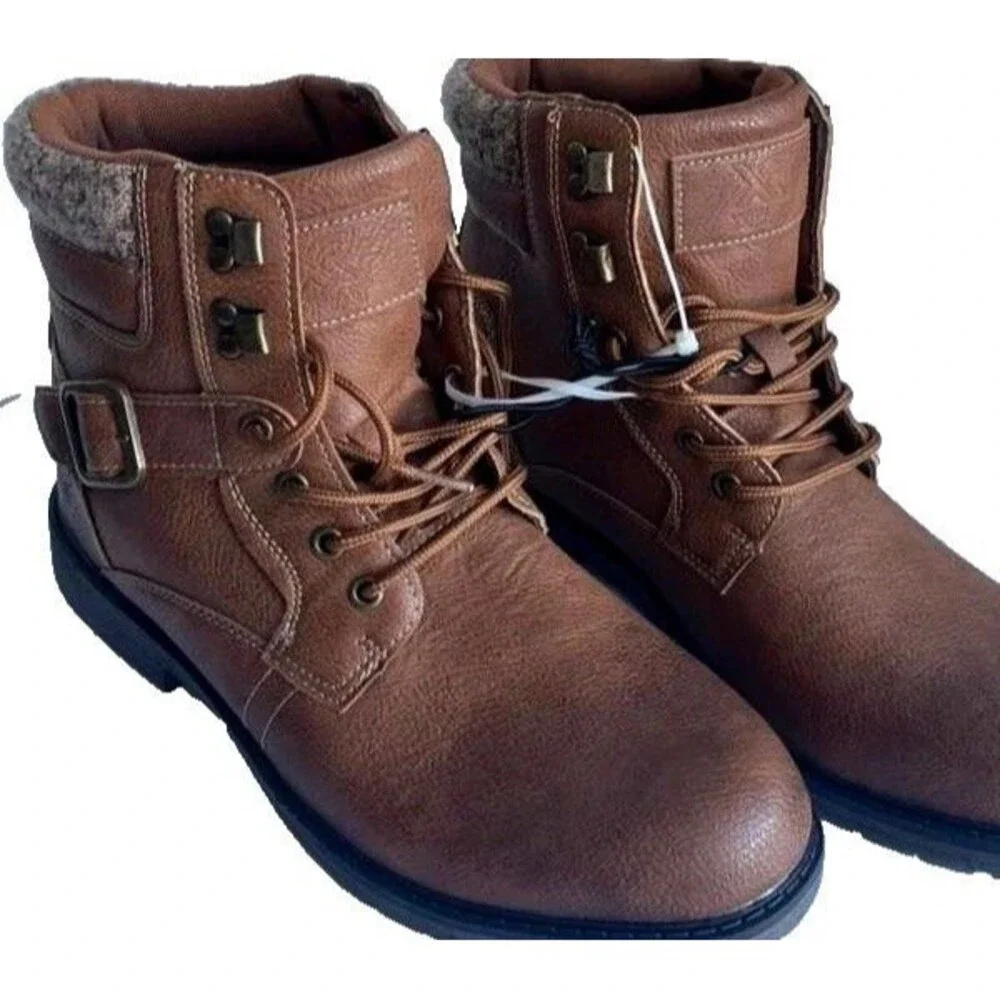 Xray Mens Brown Lace-Up Ankle Boots Buckle Detail Size 10.5 Faux Leather